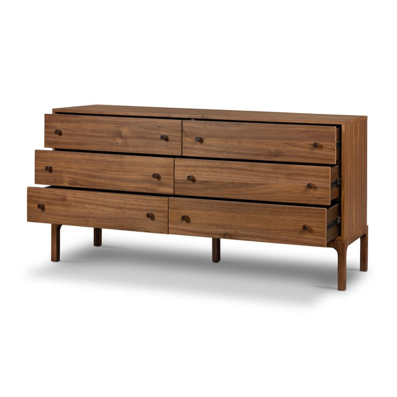 Four Hands Arturo 6 Drawer Dresser Natural Walnut Veneer Staged Angled View Open Drawers