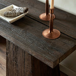 Four Hands Atlas Console Table Smoked Alder Staged View with Accents