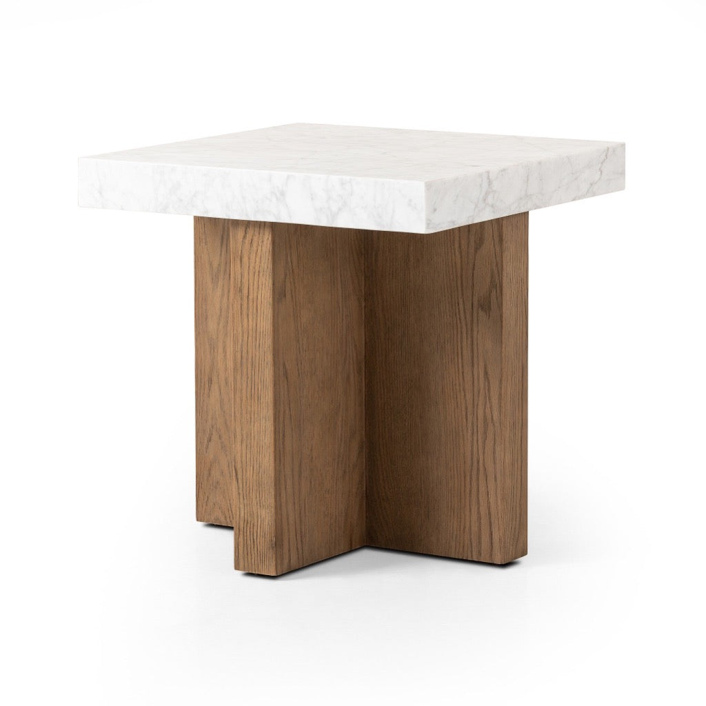 Bellamy End Table White Carrara Marble Angled View Four Hands