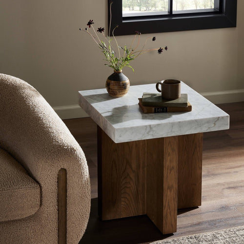 Bellamy End Table White Carrara Marble Staged View 239447-001