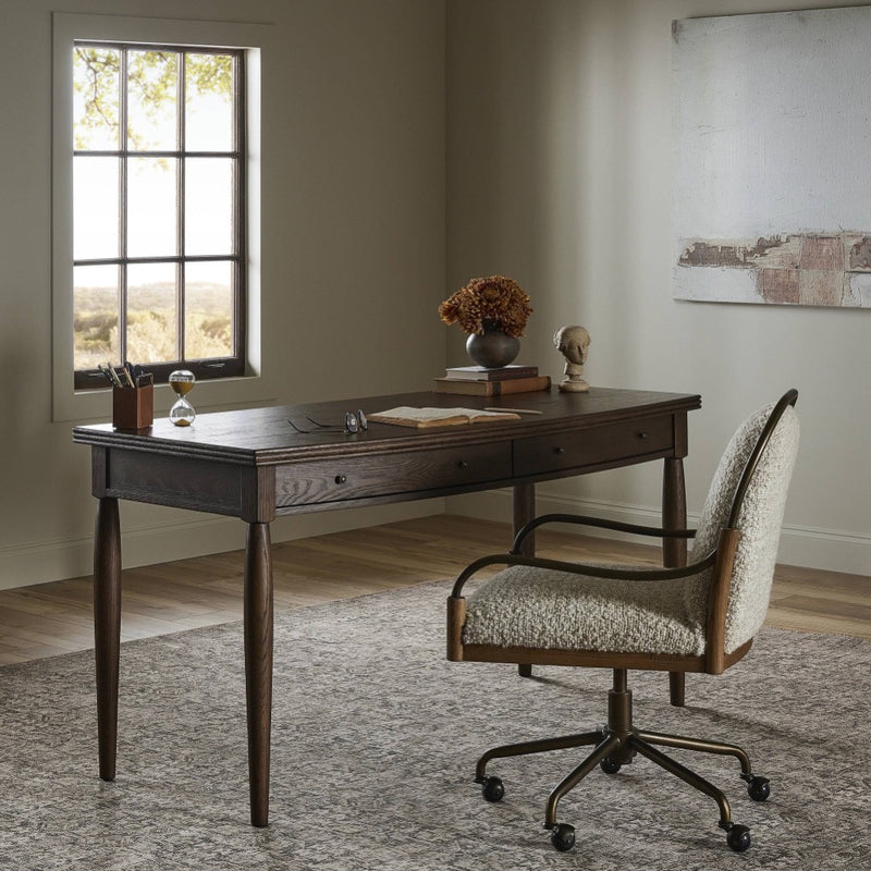 Bowfront Desk Drifted Oak Veneer Staged View Four Hands