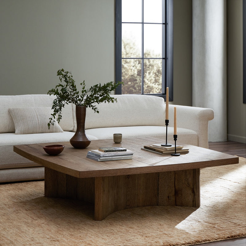 Four Hands Brinton Square Coffee Table Rustic Oak Veneer Staged View in Living Room