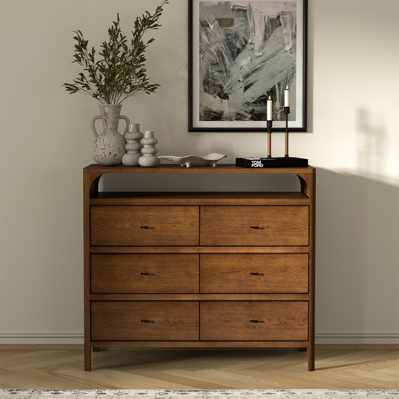 Cali 6 Drawer Oak Dresser Walnut Staged View CH-1001878-VN13-FN-BD-DR-WT-OS