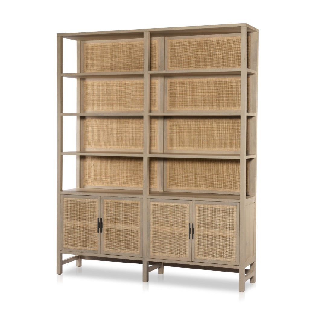 Caprice Wide Bookshelf Natural Mango Angled View Four Hands