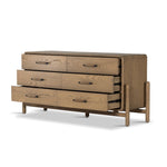 Caroline 6 Drawer Dresser Smoked Oak Veneer Angled View Open Drawers 227882-002