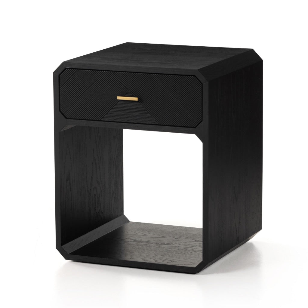 Caspian Nightstand Black Ash Veneer Angled View Four Hands