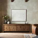 Chalmers Media Console Weathered Oak Veneer Staged View in Living Room Four Hands