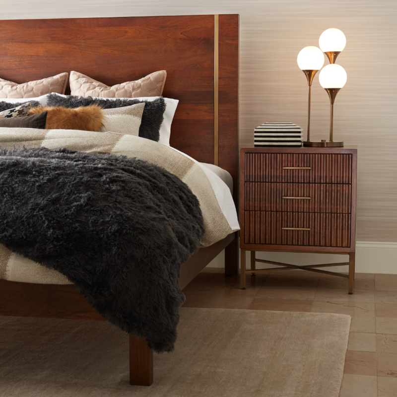 Home Trends & Design Cosmopolitan Nightstand Honey Brown Staged View with Bed