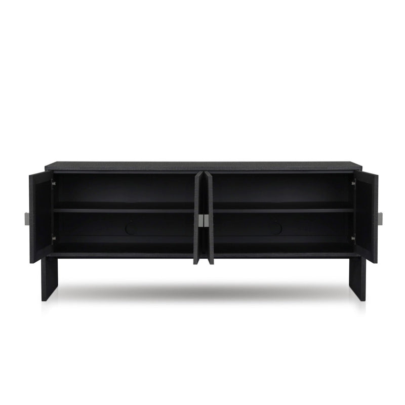 Cressida Sideboard Black Linen Front View Cabinets Open Four Hands