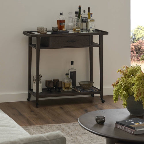 Dorrit Bar Cart Brown Oak Staged View Four Hands