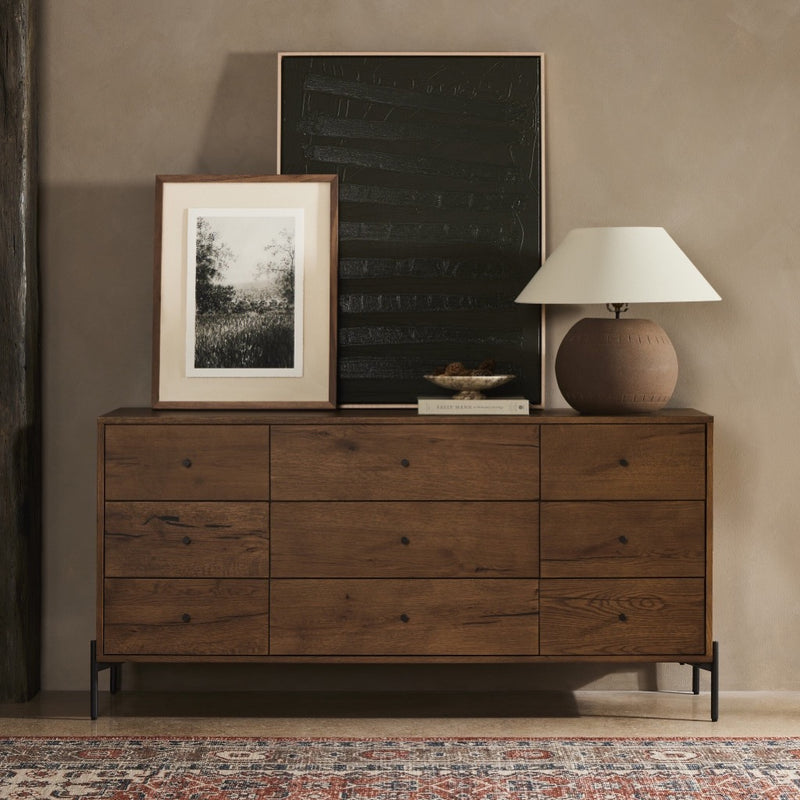 Eaton 9 Drawer Dresser Amber Oak Resin Staged View Four Hands