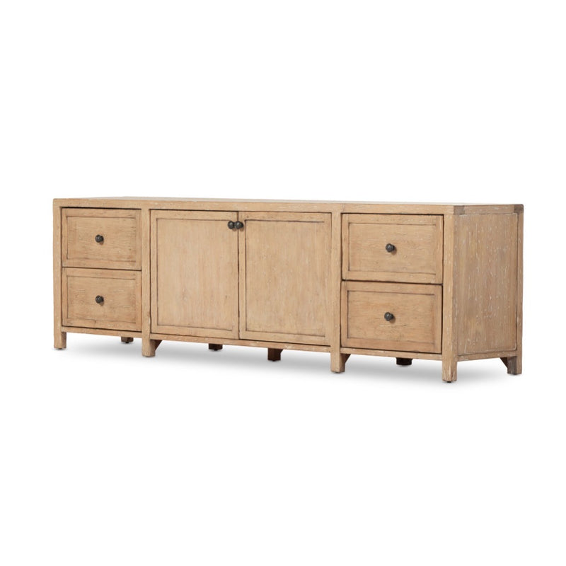 Gaines Media Console Aged Light Pine Angled View Four Hands