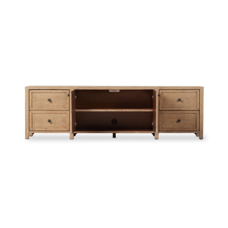 Gaines Media Console Aged Light Pine Front Facing View Open Cabinets Four Hands