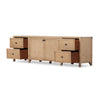 Four Hands Gaines Media Console Aged Light Pine Angled View Open Drawers