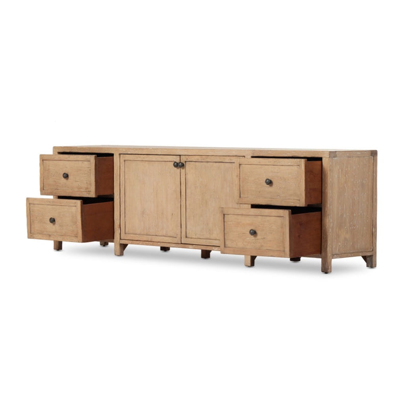 Four Hands Gaines Media Console Aged Light Pine Angled View Open Drawers