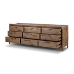 Four Hands Glenview 9 Drawer Dresser Weathered Oak Veneer Angled View Open Drawers