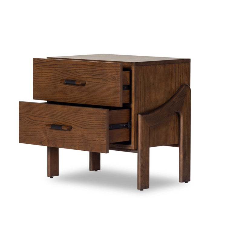 Halston Nightstand Terra Brown Ash Veneer Angled View Open Drawers Four Hands