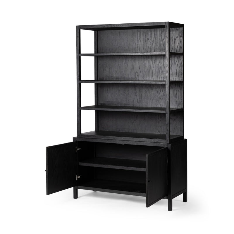 Four Hands Hopkins Bookcase Brushed Ebony Oak Open Lower Cabinets