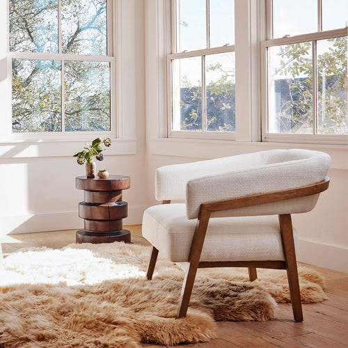 Inez End Table Brown Pine Staged View with Accent Chair Four Hands