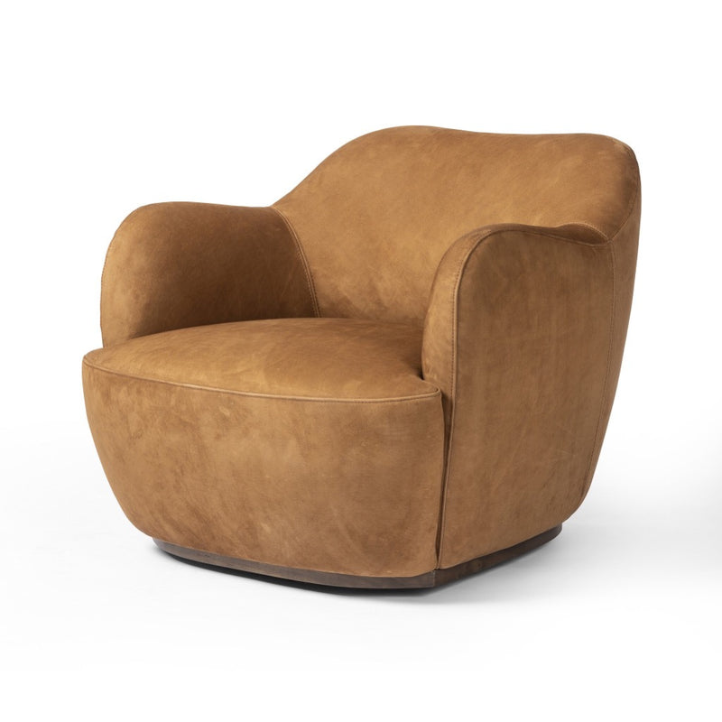 Julius Swivel Chair Nubuck Cognac Angled View Four Hands