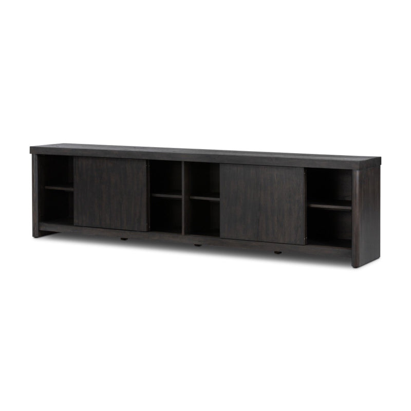 Four Hands Laredo Media Console Smoked Black Angled View Open Doors