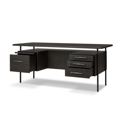 Lauren Desk Charcoal Oak Resawn Veneer Angled View Open Drawers Four Hands