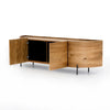 Lunas Media Console Gold Guanacaste Angled View Open Cabinets UWES-246