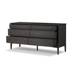 Four Hands Maggie 6 Drawer Dresser Smoked Black Oak Veneer Angled Open Drawers