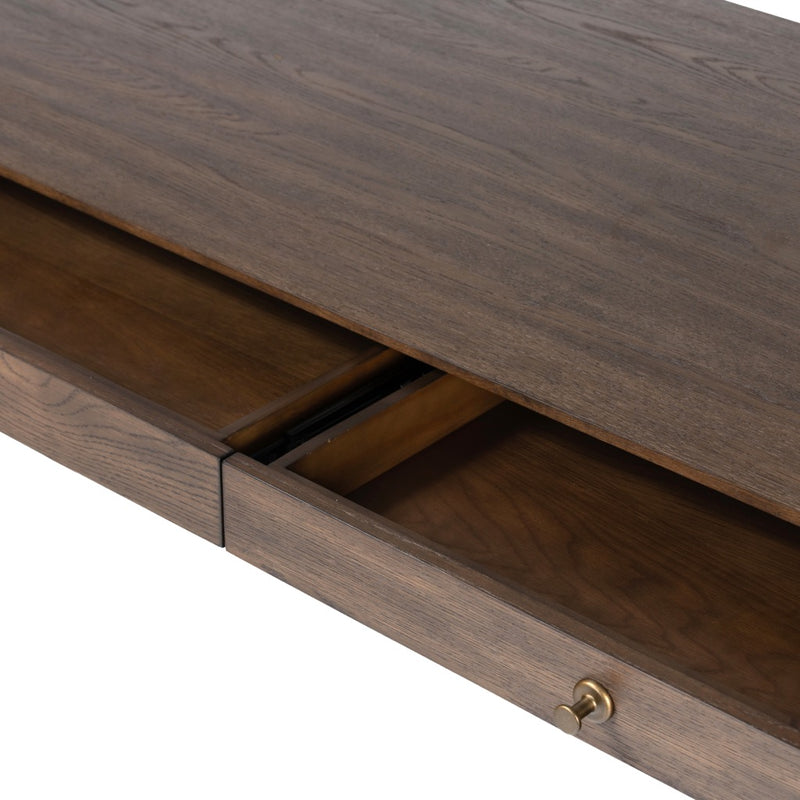 Markia Desk Aged Oak Veneer Open Drawers Four Hands