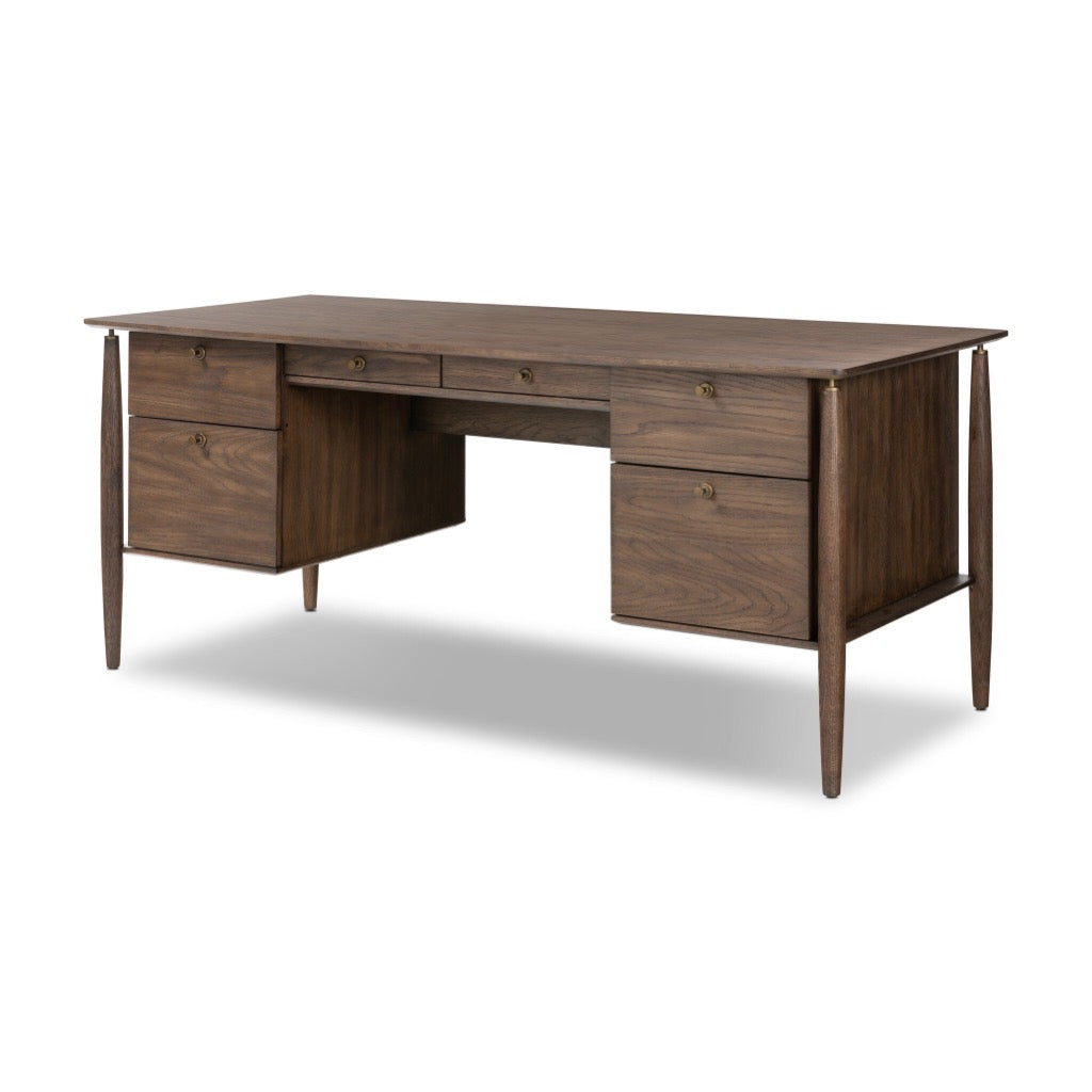 Markia Executive Desk Aged Oak Veneer Angled View Four Hands