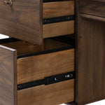 Markia Executive Desk Aged Oak Veneer Open Drawers Four Hands