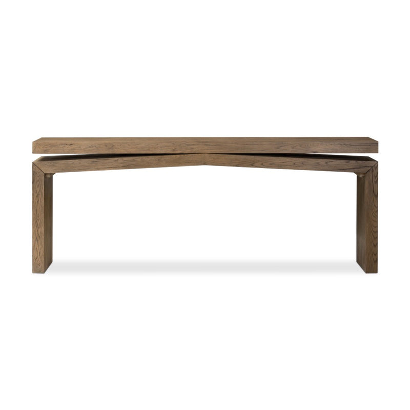 Matthes Oak Console Table Rustic Grey Veneer Front Facing View Four Hands