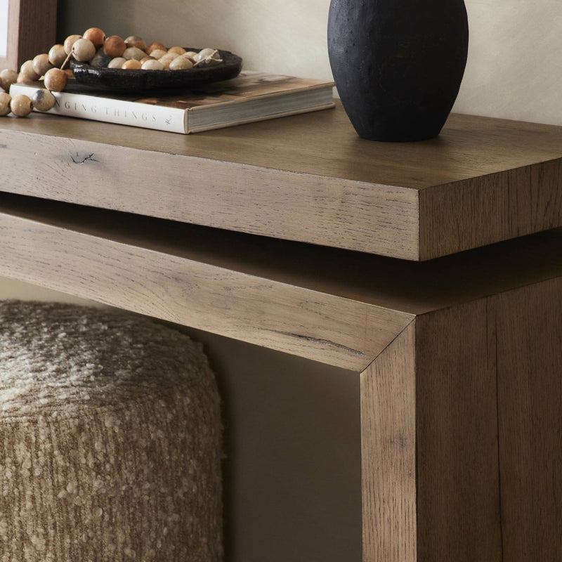 Four Hands Matthes Oak Console Table Rustic Grey Veneer Staged View