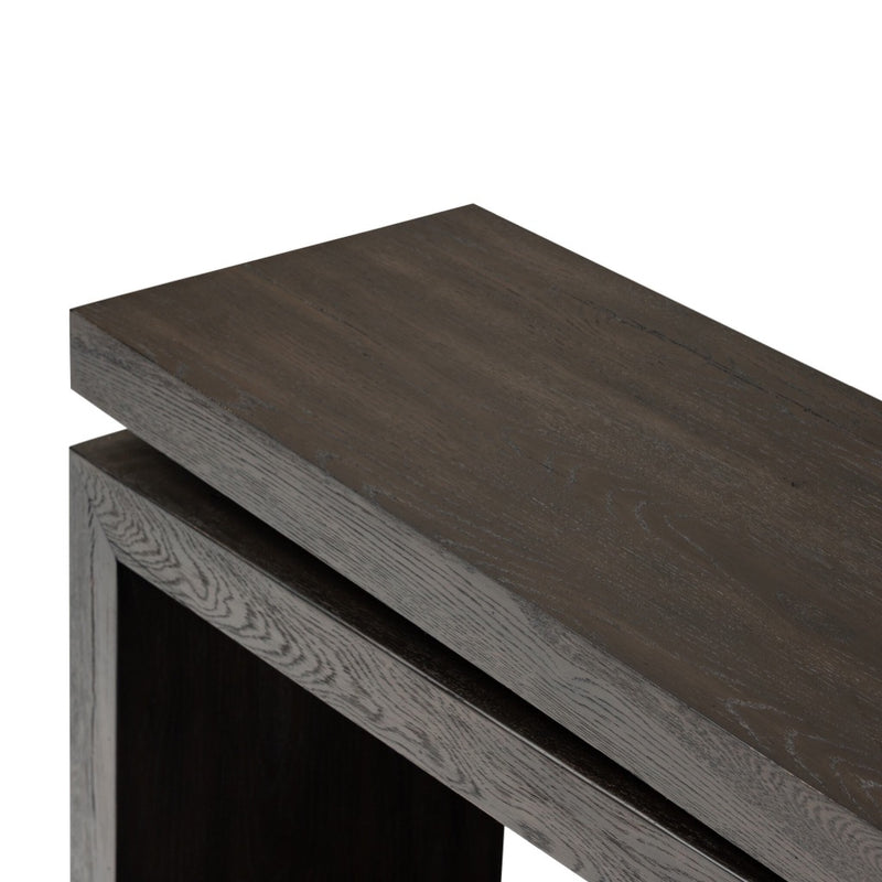 Matthes Oak Console Table Smoked Black Veneer Tabletop Detail Four Hands