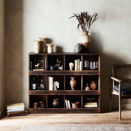 Mercantile Shop Store Cabinet Aged Brown Staged View Living Room Four Hands