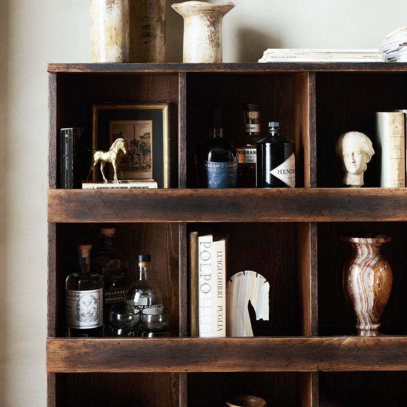 Four Hands Mercantile Shop Store Cabinet Aged Brown Staged View Cubby Holes