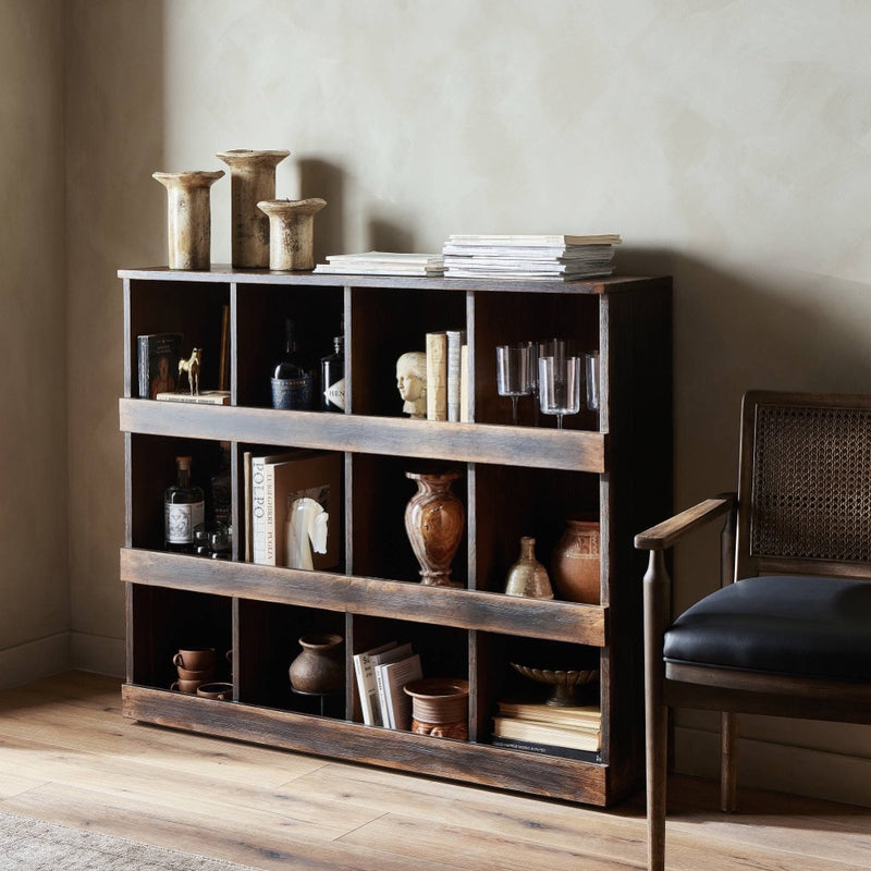 Mercantile Shop Store Cabinet Aged Brown Staged View in Living Room 242088-001