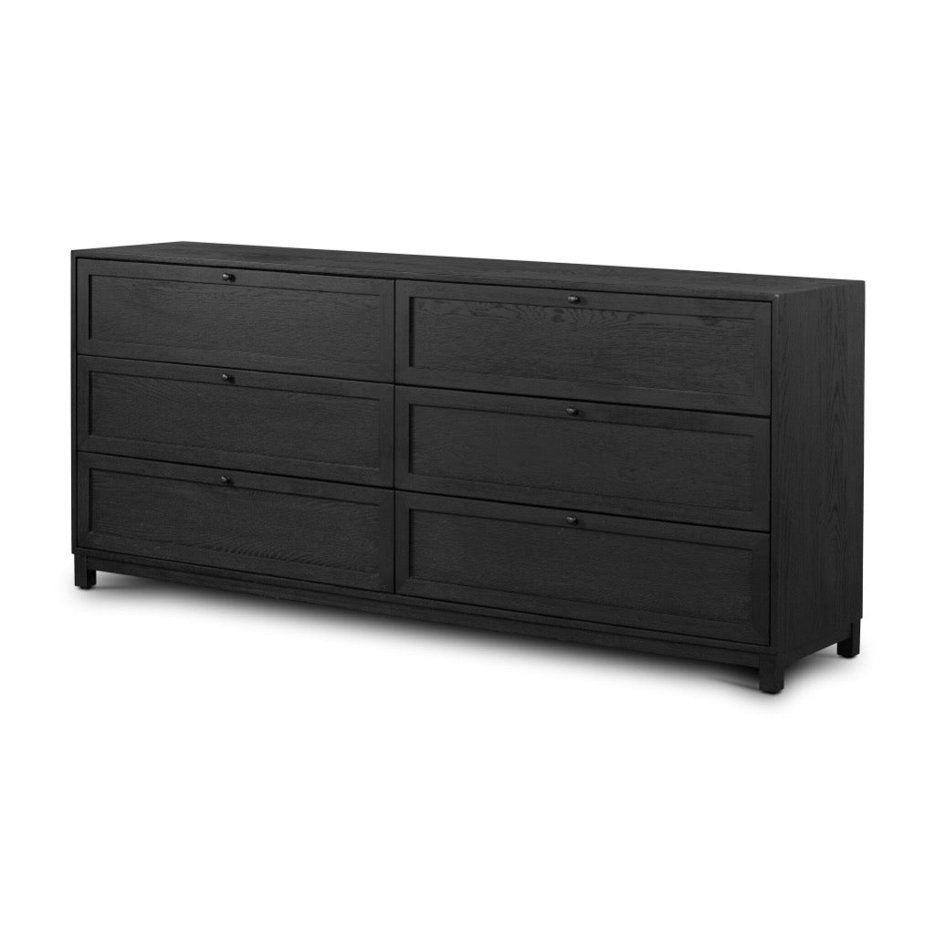 Millie 6 Drawer Dresser Drifted Matte Black Veneer angled View Four Hands