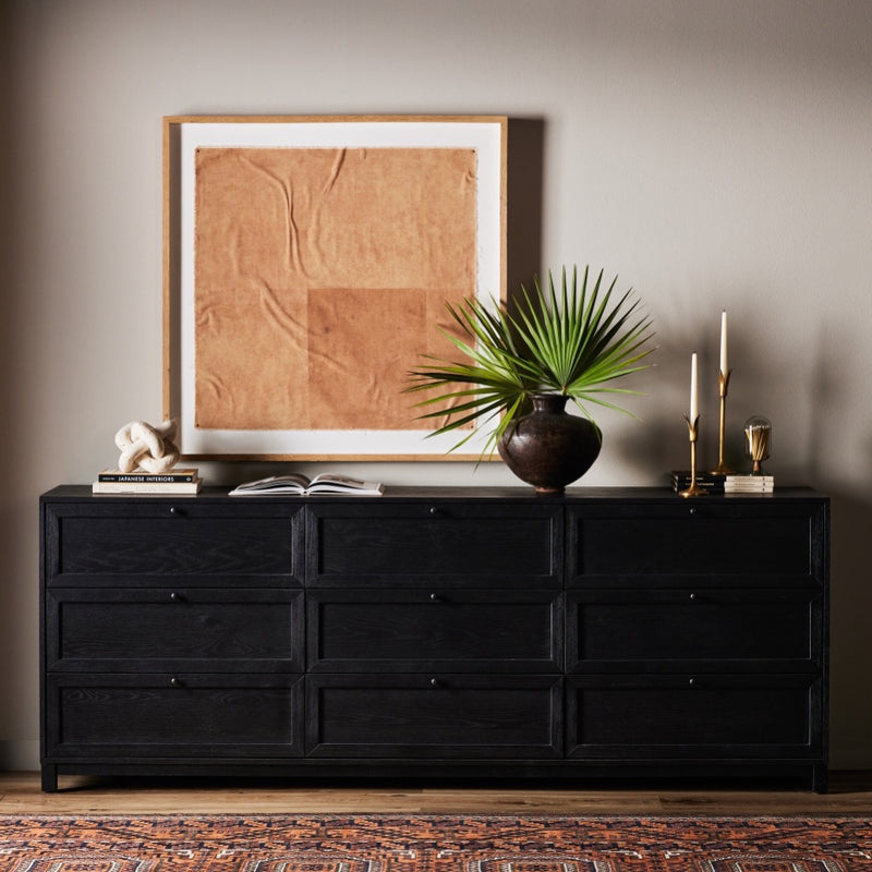 Millie 9 Drawer Dresser Drifted Matte Black Veneer Staged View Four Hands