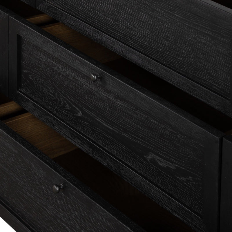 Millie 9 Drawer Dresser Drifted Matte Black Veneer Open Drawers Detail Four Hands