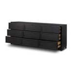 Millie 9 Drawer Dresser Drifted Matte Black Veneer Angled View Open  Drawer 233091-001