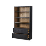 Millie Bookcase Drifted Matte Black Angled View Open Drawers 247002-003