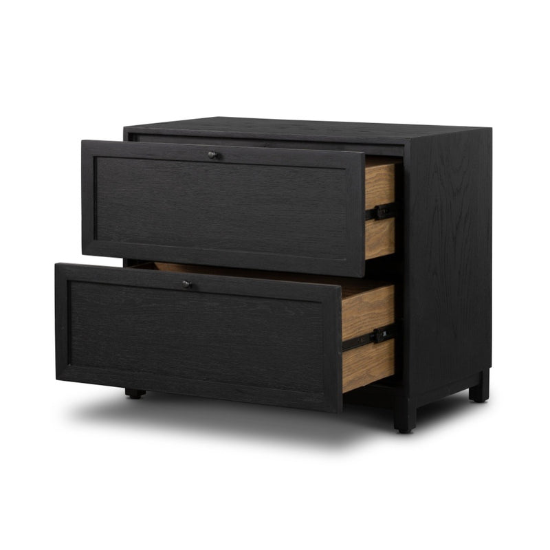 Four Hands Millie Nightstand Drifted Matte Black Veneer Angled View Open Drawers