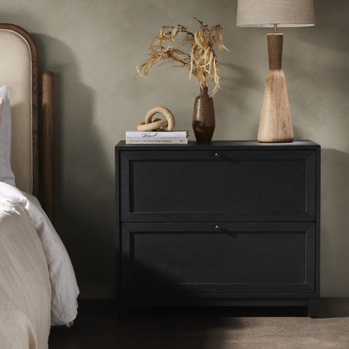 Millie Nightstand Drifted Matte Black Veneer Staged View Four Hands