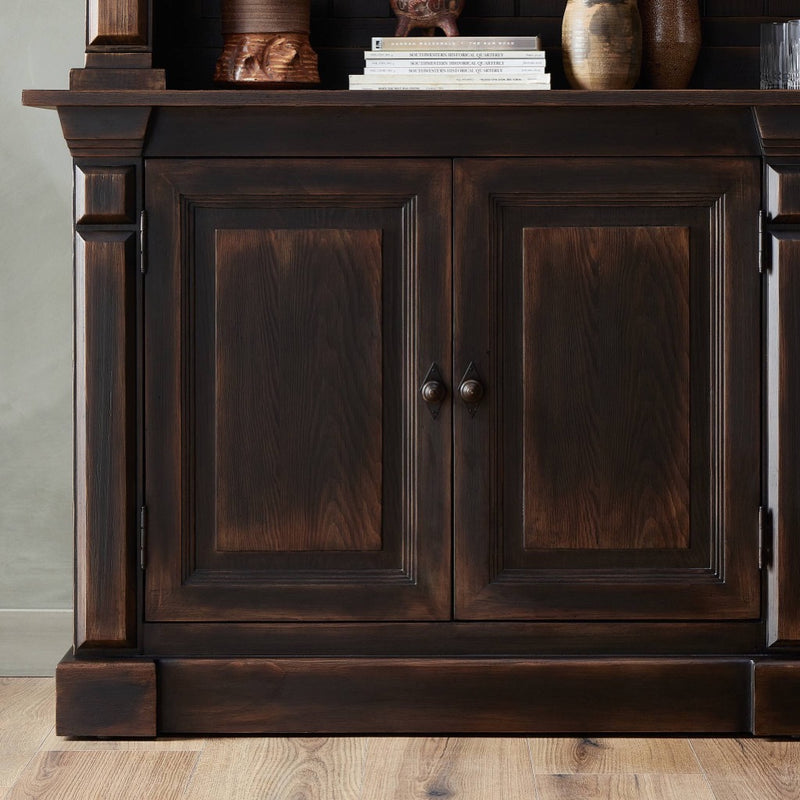 Mr. Percy Found The Top Wide Bookcase Aged Brown Veneer Cabinet Staged View Four Hands