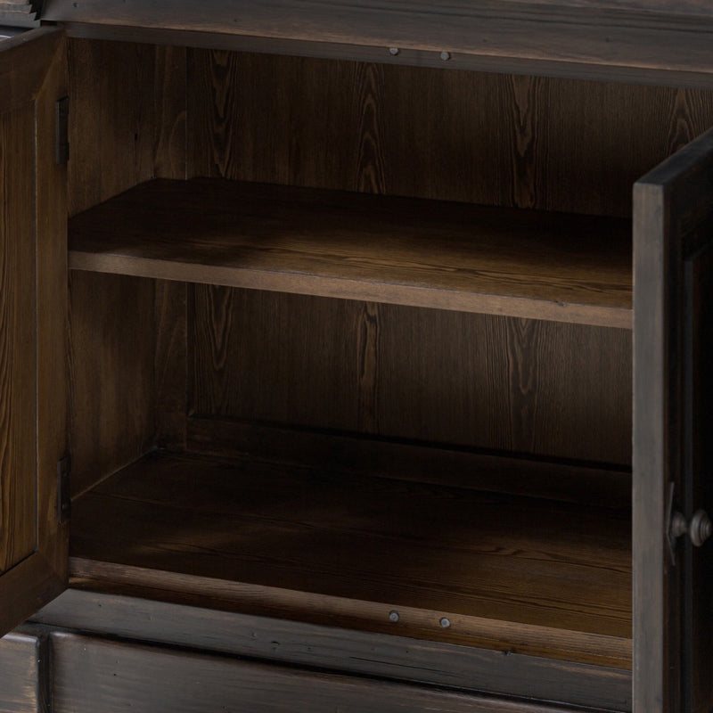 Four Hands Mr. Percy Found The Top Wide Bookcase Aged Brown Veneer Interior Shelving Detail