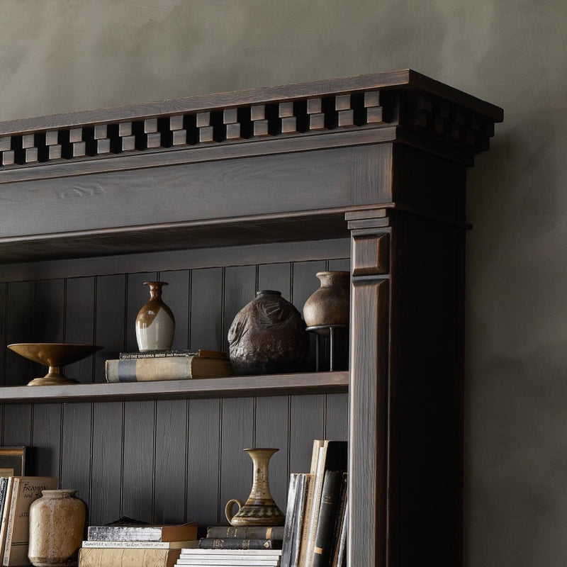 Four Hands Mr. Percy Found The Top Wide Bookcase Aged Brown Veneer Top Staged View