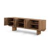 Four Hands Pickford Media Console Dusted Oak Veneer Angled View Open Cabinets