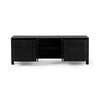 Pollard Media Console Brushed Ebony Oak Veneer Front Facing View Open Cabinets Four Hands