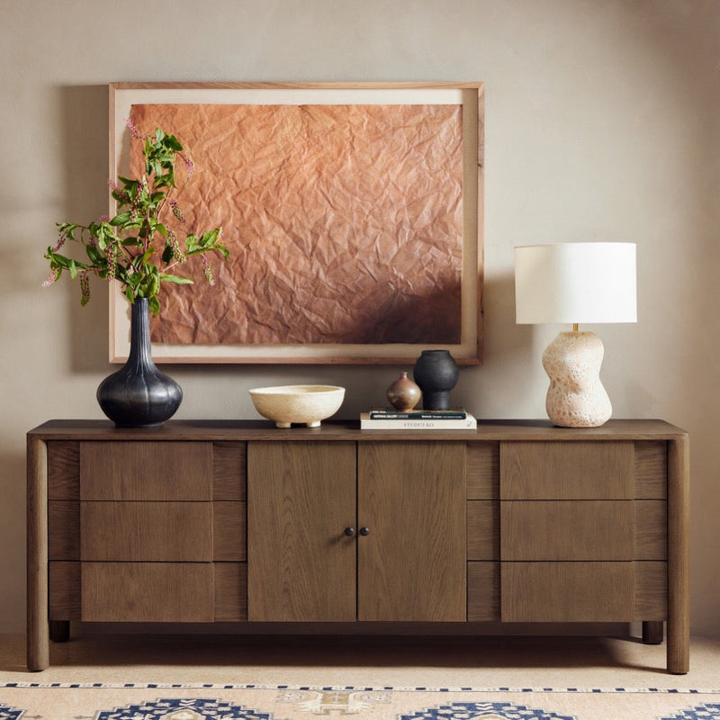 Pollard Media Console Tan Oak Veneer Staged View Four Hands